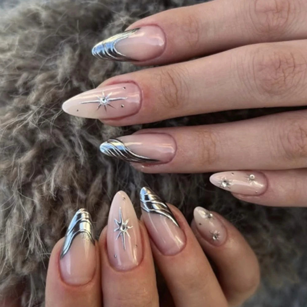 3D Silver Metallic Style French Rhinestone Stars Nail Art Y2K Fashion False Nails Detachable Finished Fake Nails Press on Nails