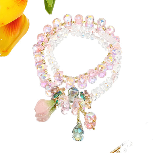 Double Circle Crystal Bracelet - Pink Sakura Flower Pendant Adjustable