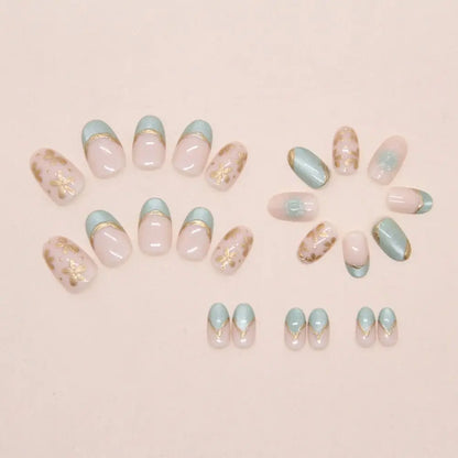 24pcs Manicure Oval False Nails Green French Press on Nails Detachable Cat Eye Flower Nail Tips DIY