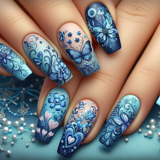 24Pcs Mid-length Ballet False Nails Press on Nails Spring Flowers Fresh Design Fake Nails with Glue Wearable Acrylic Nail Tips