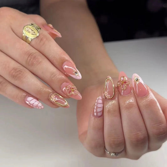 24pcs New Alligator Print False Nails Pink French Style 3D Flower Decor Press On Nail Glitter Gold Powder Designs Fake Nails