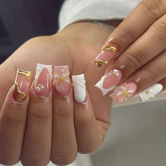 Sweet Medium Square False Nails with Glue Blush Pink Flowers Fake Nails  Press on Nails