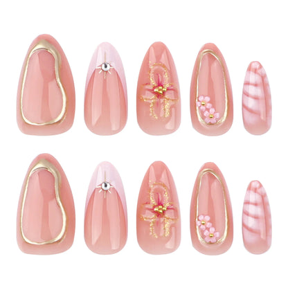 24pcs New Alligator Print False Nails Pink French Style 3D Flower Decor Press On Nail Glitter Gold Powder Designs Fake Nails