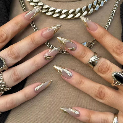 3D Silver Metallic Style French Rhinestone Stars Nail Art Y2K Fashion False Nails Detachable Finished Fake Nails Press on Nails