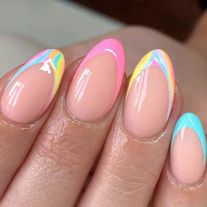 24pcs Glitter Short Almond False Nails Pink Aurora Ellipse Fake Nails Press on Nails DIY Manicure Detachable Full Cover Nail Tip