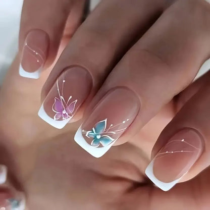 Square Head French Fake Nails Waterproof Wearable Manicure Nude Color Gradient Press on Nails Full Cover Flash Nail Tips Women