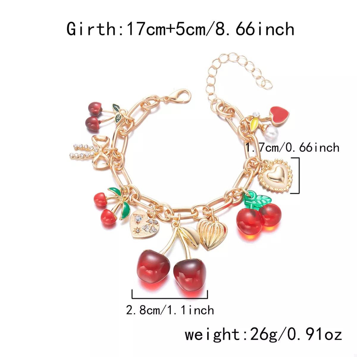 18K Gold Cherry Charm Bracelet - Elegant 18K Gold-Plated Jewelry Accessory - Gloss&Glamorous
