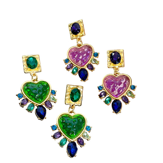Vintage Heart-shaped Glass Stud Earrings Mixed Color