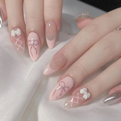 24Pcs Almond-Shaped Press-On Nails With Cute Strawberry Heart Design Medium Length Pearlescent Finish Mixed Shades False Nails