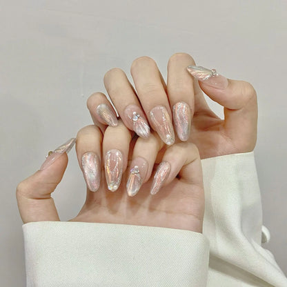 10Pcs Aurora Handmade False Nails with Jelly Glue Long Almond Fake Nail Art Shell Design Press on Nails Full Cover Manicure Tips