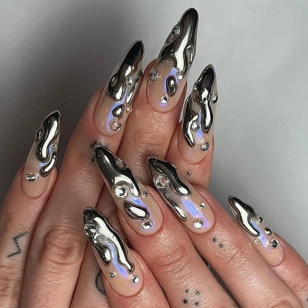 24/30PCS/BOX Cat Eyes False Nail 3D Bow Ripple Love Pearl Press on Nails Simple French Lines with Jelly Stickers Nail Tips
