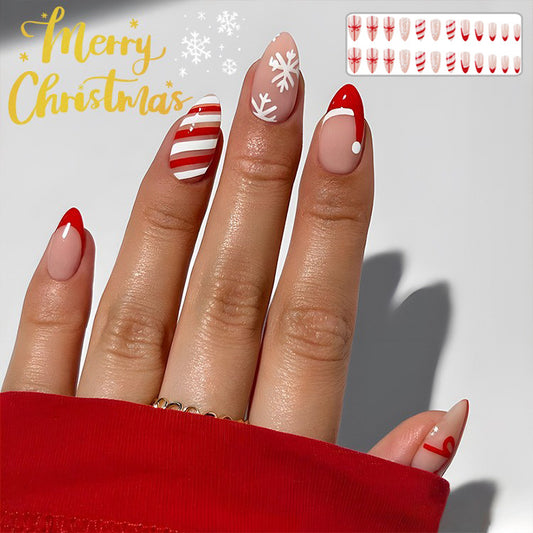 Christmas False Nails Hat Striped Snowflake Nail Art