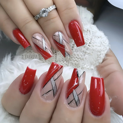 24Pcs Short French Wearable Fake Nails with Glue Simple Stripe Nail Art Full Cover Ballerina Fashion Press on Nail Manicure Tips