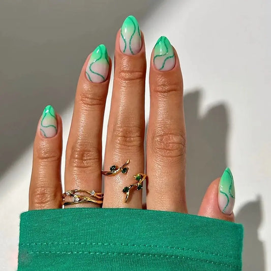 24/30PCS Reusable 3D Effect False Nail Green Ripple Glitter Press on Nails Full Cover Pink Bow Nail Tips for Women Girl