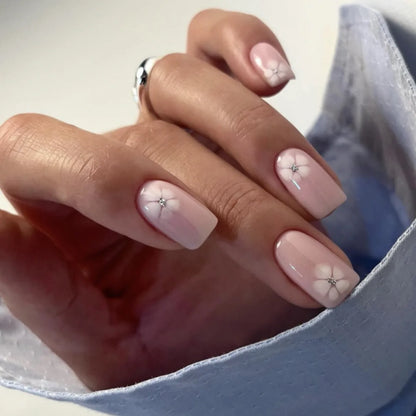 Flowers Gold Glitter Powder Edge White French Nail Art Fashion Wearable Fake Nail Detachable Finished False Nails Press on Nails