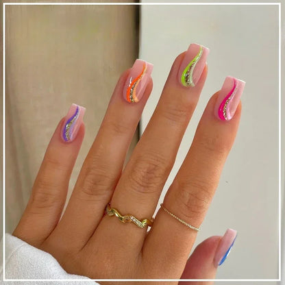 24Pcs Short French Wearable Fake Nails with Glue Simple Stripe Nail Art Full Cover Ballerina Fashion Press on Nail Manicure Tips
