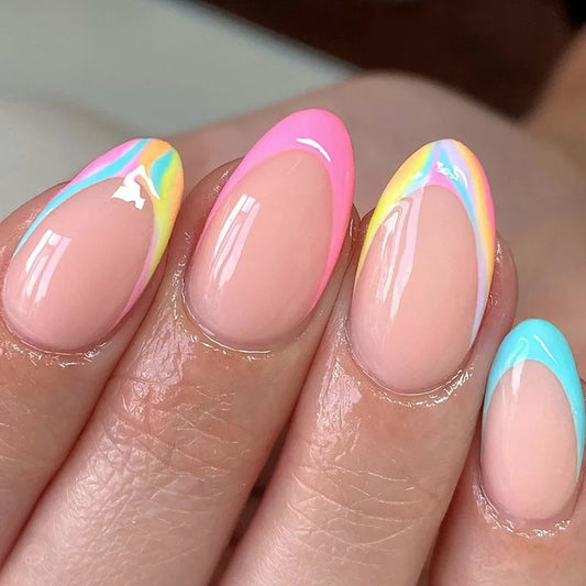 24pcs Glitter Short Almond False Nails Pink Aurora Ellipse Fake Nails Press on Nails DIY Manicure Detachable Full Cover Nail Tip
