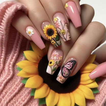 24Pcs Mid-length Ballet False Nails Press on Nails Spring Flowers Fresh Design Fake Nails with Glue Wearable Acrylic Nail Tips