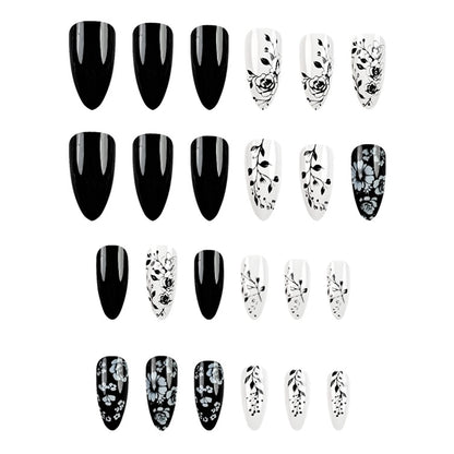 24Pcs Almond Fake Nails Black/White Flower Printed Charms Press On Nails Women and Girls Full Cover Wearable False Nails Patches