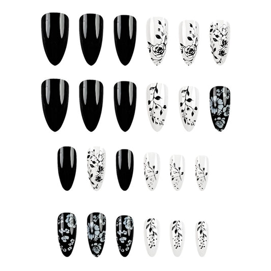 24Pcs Almond Fake Nails Black/White Flower Printed Charms Press On Nails Women and Girls Full Cover Wearable False Nails Patches