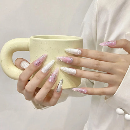 10Pcs Aurora Handmade False Nails with Jelly Glue Long Almond Fake Nail Art Shell Design Press on Nails Full Cover Manicure Tips