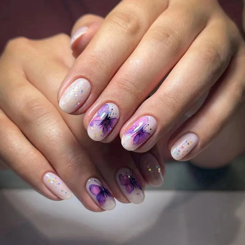 24pcs Glitter Short Almond False Nails Pink Aurora Ellipse Fake Nails Press on Nails DIY Manicure Detachable Full Cover Nail Tip