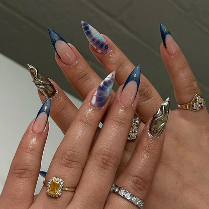 3D Silver Metallic Style French Rhinestone Stars Nail Art Y2K Fashion False Nails Detachable Finished Fake Nails Press on Nails