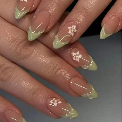 24pcs Simple Green French Fake Nails Finished Fashion Flower Design Almond False Nail Tips Reusable Long Oval Press on Nails Set