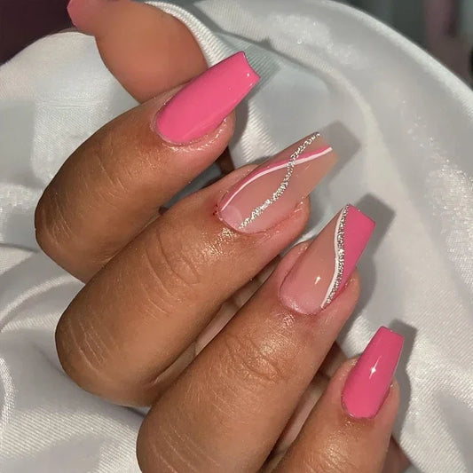 24Pcs Short French Wearable Fake Nails with Glue Simple Stripe Nail Art Full Cover Ballerina Fashion Press on Nail Manicure Tips