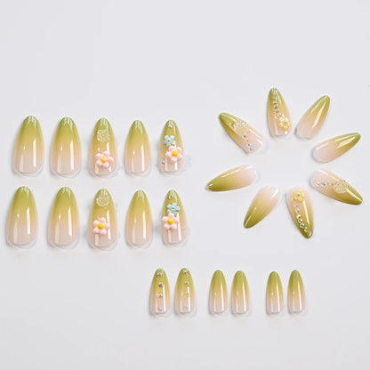 24Pcs/set 3D French Green Gradient Press on Nails Long Alomnd Reusable Adhesive False Nails Artifical Acrylic Full Cover Nail Ti