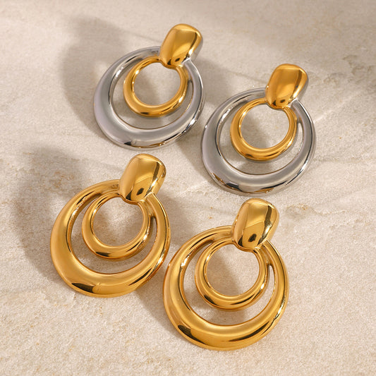 18K Gold Hollow Stud Earrings - Double Layer Round Stainless Steel