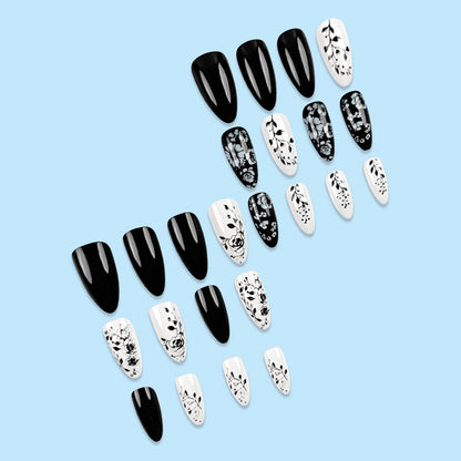 24Pcs Almond Fake Nails Black/White Flower Printed Charms Press On Nails Women and Girls Full Cover Wearable False Nails Patches