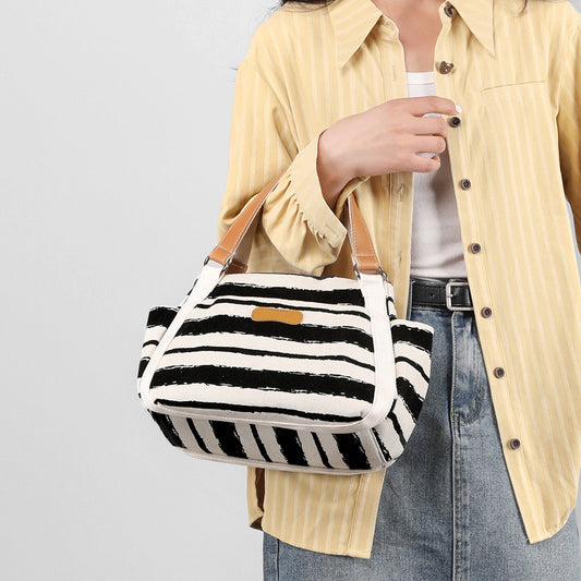 Canvas Striped Handbag - Large Capacity Outdoor Shoulder Storage Bag