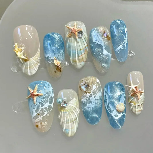 24Pcs Mid-length French Almond Fake Nails Beach 3D Starfish Shell Design Press on False Nails Rhinestone Wearable Manicure Tips