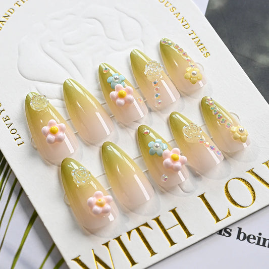 24Pcs/set 3D French Green Gradient Press on Nails Long Alomnd Reusable Adhesive False Nails Artifical Acrylic Full Cover Nail Ti