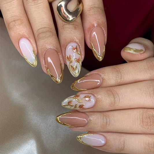24Pcs Almond False Nails Dreamy 3D Shell Fake Nails Golden Chrome Powder Nail Pearl Butterfly Flower Press on Nails Sweet Cool