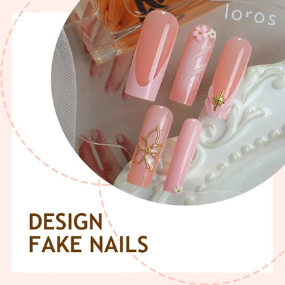 24Pcs Nude Color Fake Nails White French Tips Almond Press On Nails Flower Designs Korean Style DIY Manicure Artificial Nails