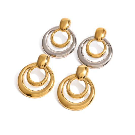 18K Gold Hollow Stud Earrings - Double Layer Round Stainless Steel