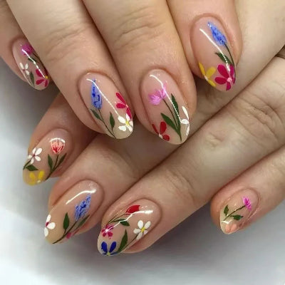 Simple Almond Nails Tips Fresh Colorful Flower Design False Nails Wearable Oval Fake Nail Short Full Cover Press on Nails