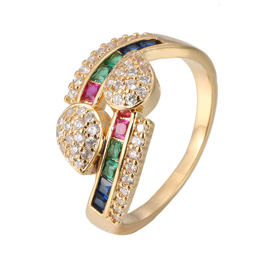 Colorful Zircon Gold Ring - Women's Geometric Inlaid Plated Design