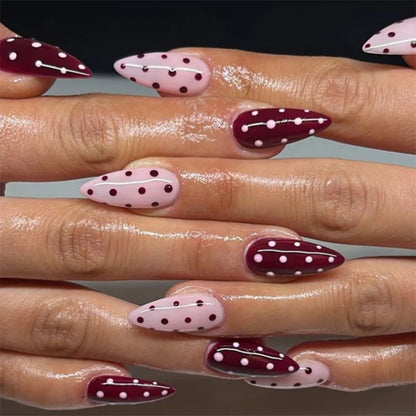 Red Pink French Polka Dot Round Dot Wearable Nail Art Short Almond Fake Nails Detachable Finished False Nails Press on Nails
