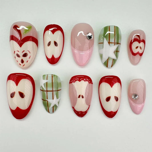 24Pcs Short French Almond Press on Fake Nails with Red Apple Design False Nail Art Wearable Oval Rhinestone Full Cover Nail Tip