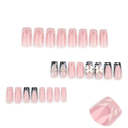 24/30PCS/BOX Cat Eyes False Nail 3D Bow Ripple Love Pearl Press on Nails Simple French Lines with Jelly Stickers Nail Tips