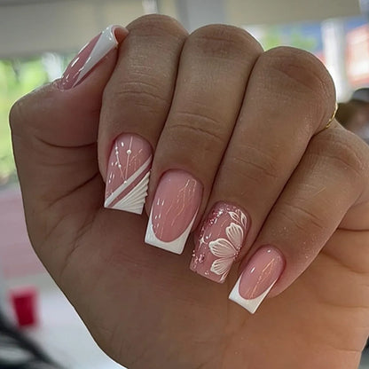 Purple Cat Eye Fake Nails Square Head French Ballet Nails Short Press on Nails