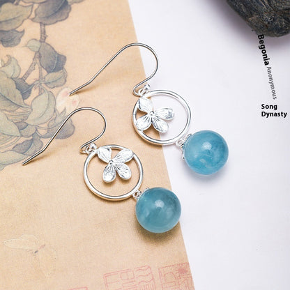 S925 Silver Aquamarine Flower Earrings - Vintage Leaves Gemstone Jewelry