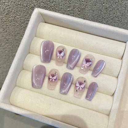10Pcs Aurora Handmade False Nails with Jelly Glue Long Almond Fake Nail Art Shell Design Press on Nails Full Cover Manicure Tips