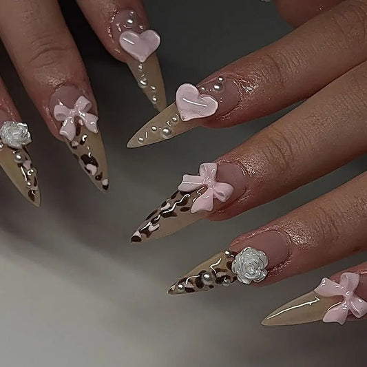 24/30PCS/BOX Cat Eyes False Nail 3D Bow Ripple Love Pearl Press on Nails Simple French Lines with Jelly Stickers Nail Tips