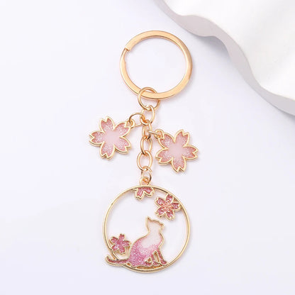 Oil Dripping Cartoon Black Cat Wreath Cherry Blossom Keychain