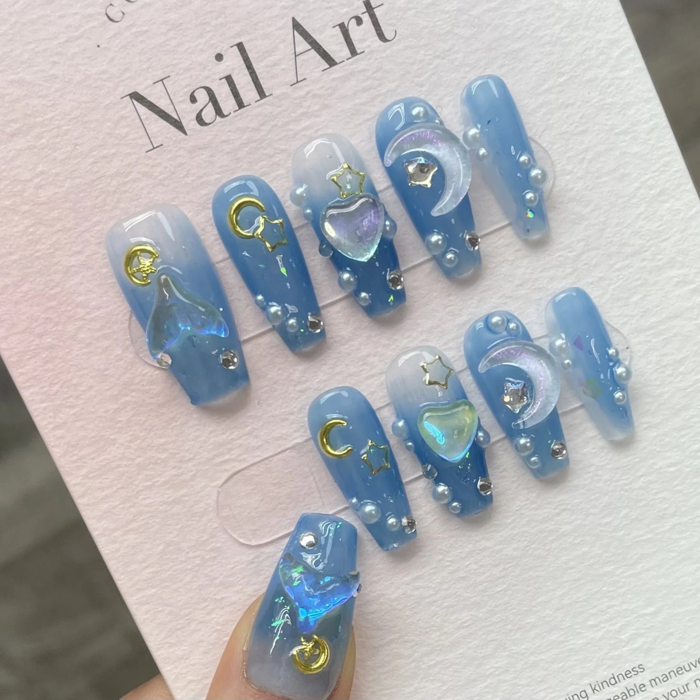 10Pcs Aurora Handmade False Nails with Jelly Glue Long Almond Fake Nail Art Shell Design Press on Nails Full Cover Manicure Tips