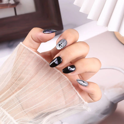 Handmade Press on Nails Gothic Punk Black Hand-painted Fake Nails Full Cover Wearable European Mid-length Coffin False Nails